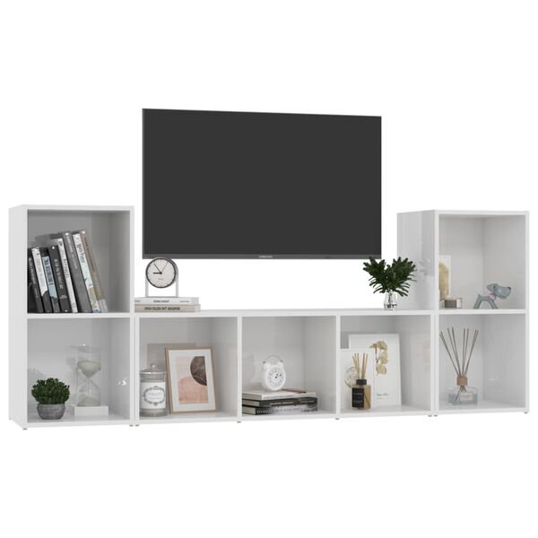 vidaXL Set Mobile TV 3 pz Bianco Lucido in Legno Multistrato