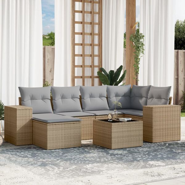 vidaXL Set Divani da Giardino 7 pz con Cuscini Beige in Polyrattan