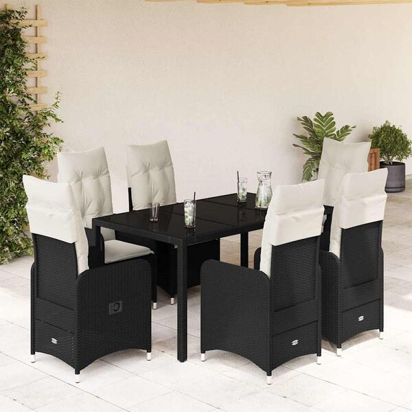 vidaXL Set da Bistr&ograve; da Giardino 7 pz con Cuscini Nero in Polyrattan