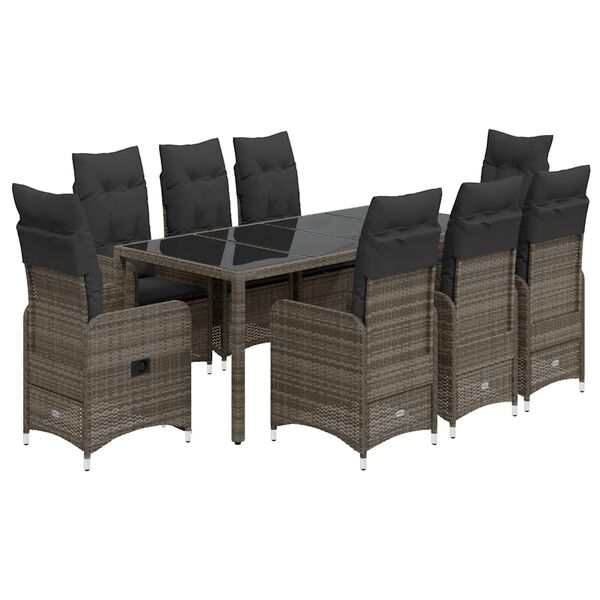 vidaXL Set Bistr&ograve; da Giardino 9 pz con Cuscini in Polyrattan Grigio