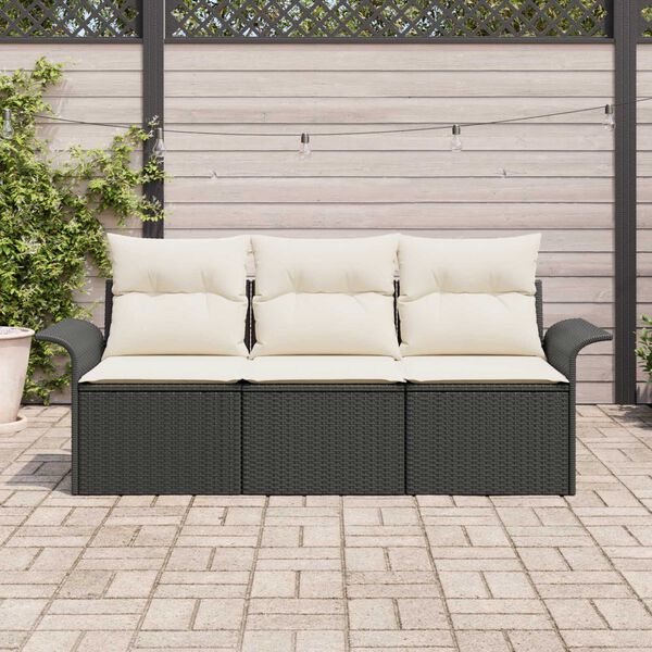 vidaXL Set Divano da Giardino con cuscino 3 pcs Nero Poly Rattan