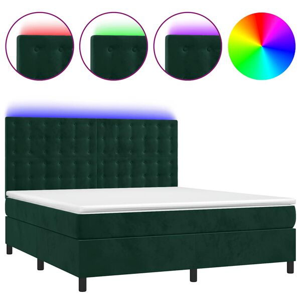 vidaXL Letto a Molle con Materasso e LED Verde Scuro 180x200cm Velluto