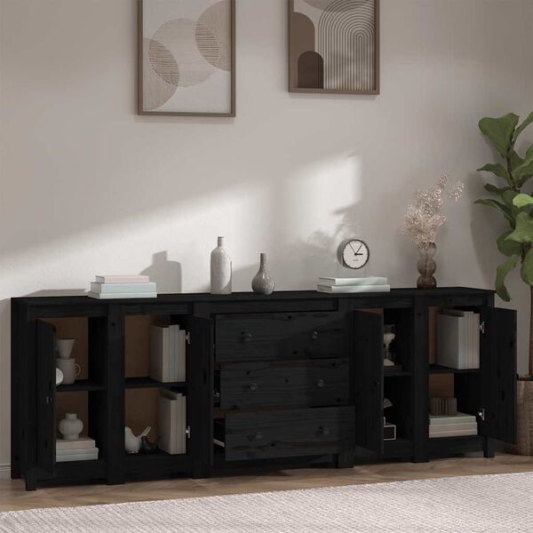 vidaXL Credenza Nera 230x35x80 cm in Legno Massello di Pino