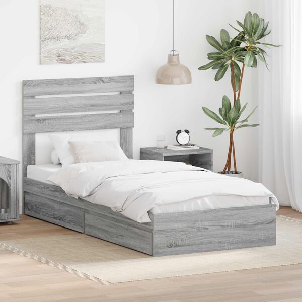 vidaXL Letto con Contenitore con testiera Grigio Sonoma 90 x 190 cm
