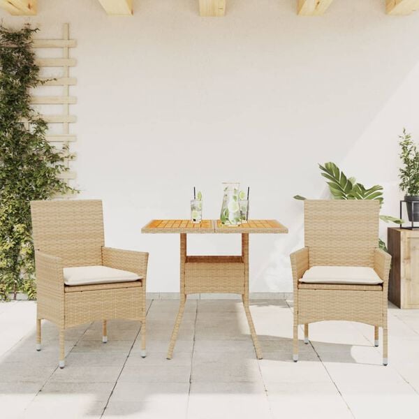 vidaXL Set Pranzo da Giardino 3 pz con Cuscini Beige Polyrattan Acacia