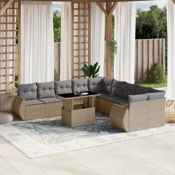 vidaXL Set Divani da Giardino 11 pz con Cuscini Beige in Polyrattan