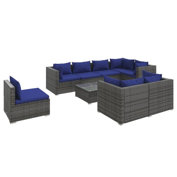 vidaXL Set Divani da Giardino 9 pz con Cuscini in Polyrattan Grigio