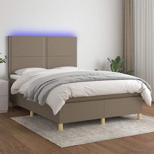 vidaXL Letto a Molle con Materasso e LED Tortora 140x200 cm in Tessuto