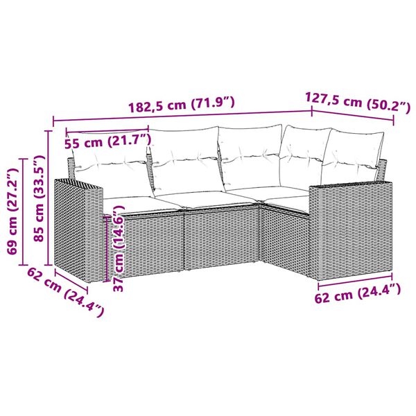 vidaXL Set Divano da Giardino 4pz con Cuscini Grigio Chiaro Polyrattan