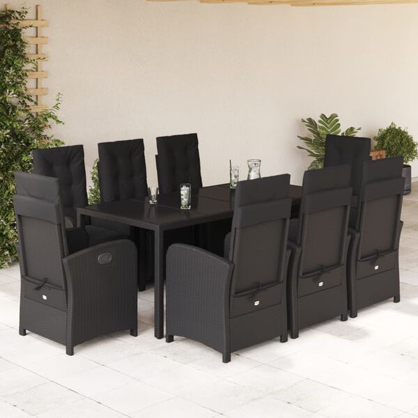 vidaXL Set da Pranzo da Giardino 9 pz con Cuscini Nero in Polyrattan