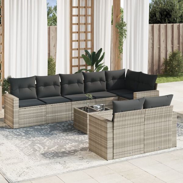 vidaXL Set Divano da Giardino 9pz con Cuscini Grigio Chiaro Polyrattan