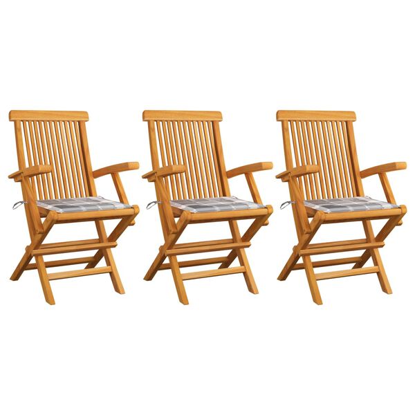 vidaXL Sedie Giardino Cuscini Motivo Quadri Grigio 3pz Massello Teak