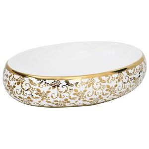 vidaXL Lavabo da Appoggio Bianco e Oro Ovale 59x40x15 cm Ceramica