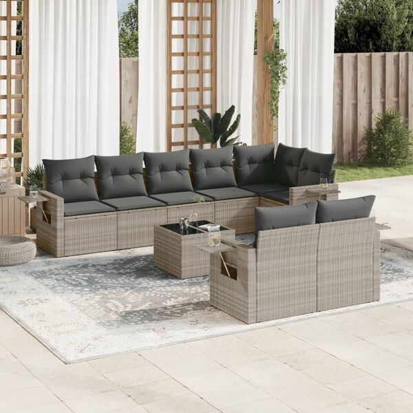 vidaXL Set Divano da Giardino 9pz con Cuscini Grigio Chiaro Polyrattan