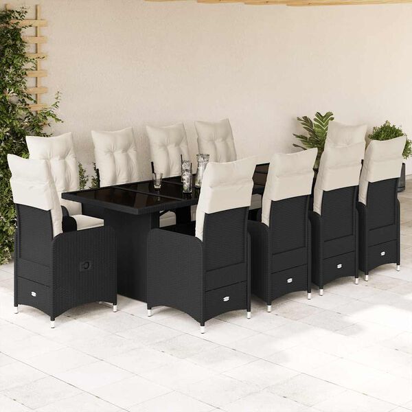 vidaXL Set da Bistr&ograve; da Giardino 11 pz con Cuscini Nero in Polyrattan