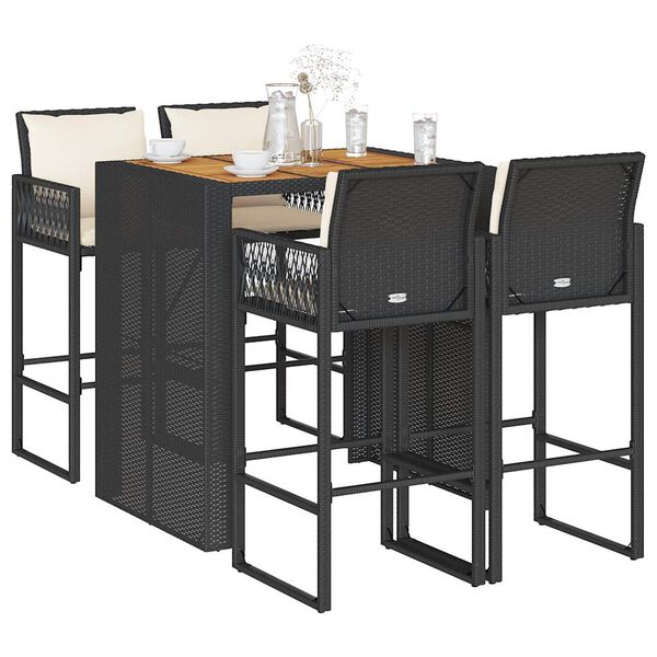 vidaXL Set Bar da Giardino 5 pz con Cuscini Nero in Polyrattan Acacia