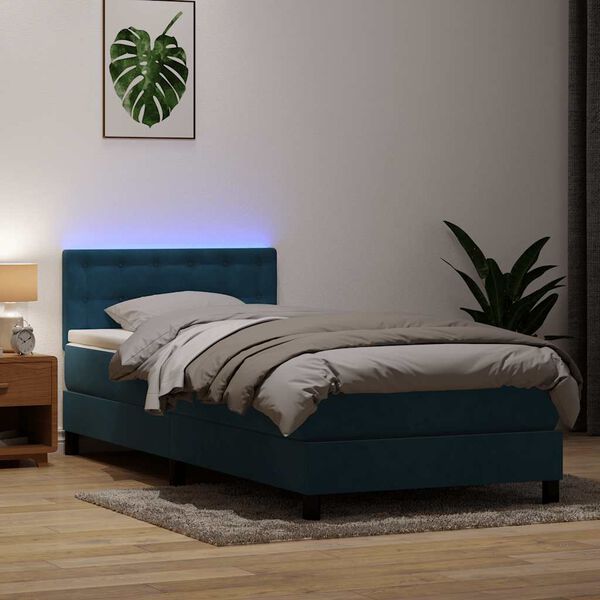 vidaXL Letto a Molle con Materasso e LED Blu Scuro 100x210 cm in Velluto