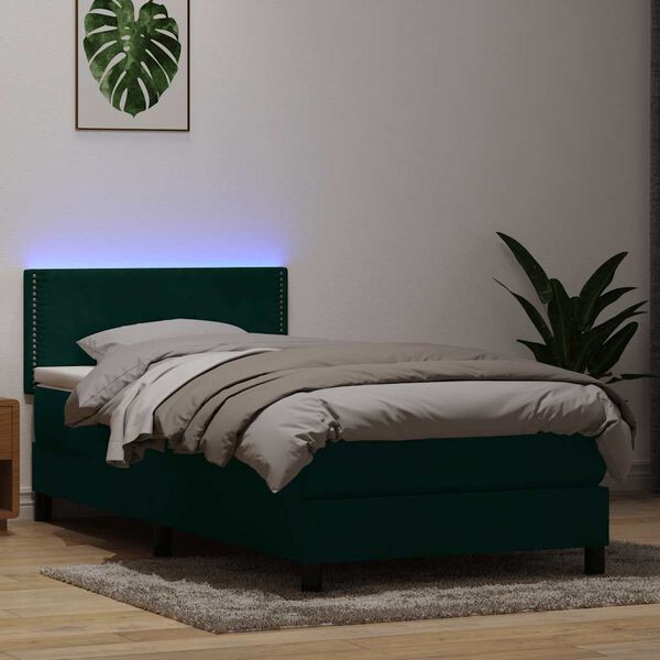 vidaXL Letto a Molle con Materasso e LED Verde Scuro 80x210 cm Velluto