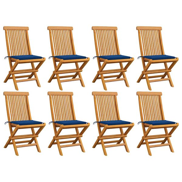 vidaXL Sedie da Giardino con Cuscini Blu Reale 8 pz Massello di Teak