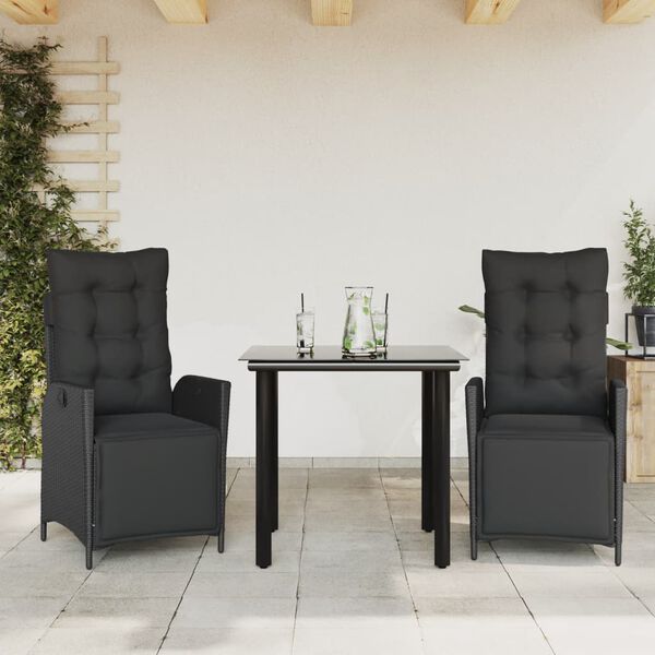 vidaXL Set da Pranzo da Giardino 3 pz con Cuscini Nero in Polyrattan