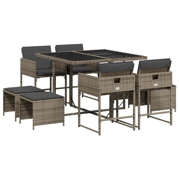 vidaXL Set da Pranzo da Giardino 9 pz con Cuscini in Polyrattan Grigio