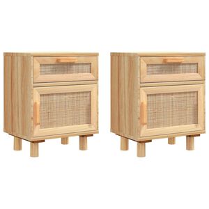 vidaXL Comodini 2 pz Marroni Legno Massello di Pino e Rattan Naturale
