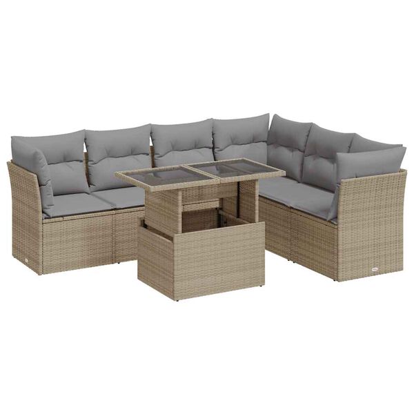 vidaXL Set Divani da Giardino 7 pz con Cuscini Beige in Polyrattan