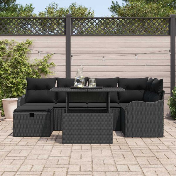 vidaXL Set Divano da Giardino con cuscino 7 pcs Nero Poly Rattan