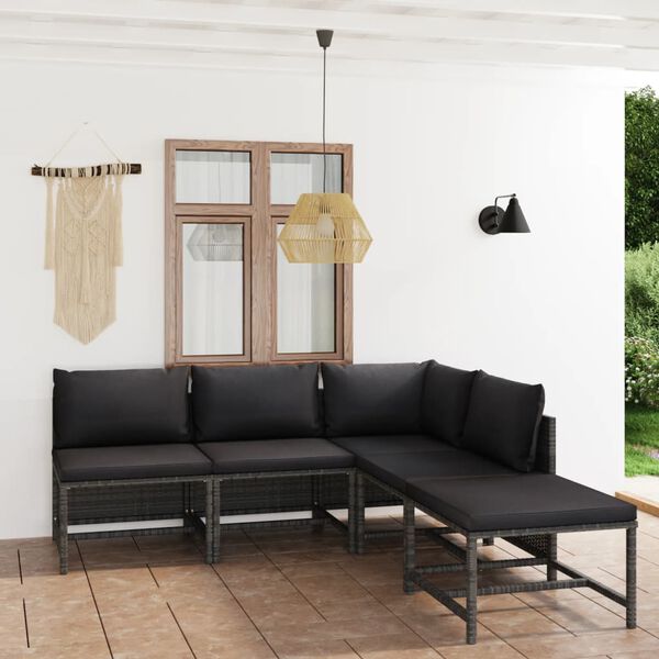 vidaXL Set Divani da Giardino 5 pz con Cuscini in Polyrattan Grigio