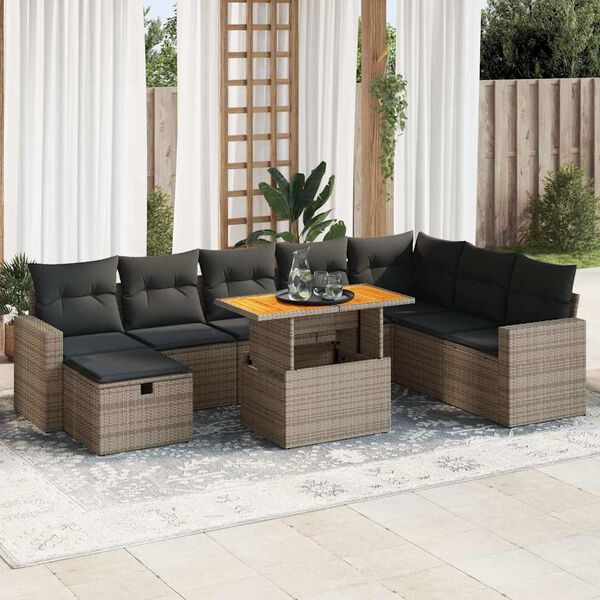 vidaXL Set Divano da Giardino 9pz con Cuscini Grigio Polyrattan Acacia