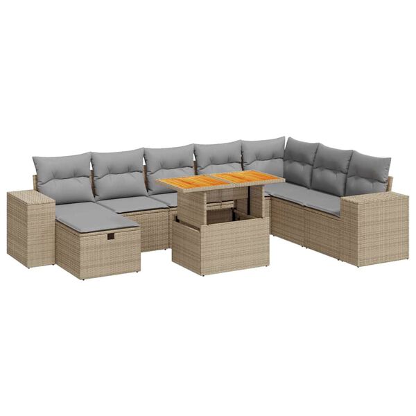 vidaXL Set Divano da Giardino 9 pz con Cuscini Beige Polyrattan Acacia