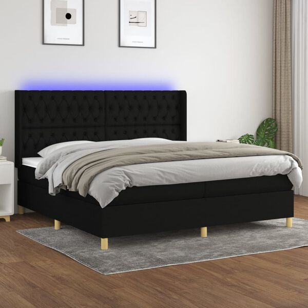 vidaXL Letto a Molle Materasso e LED Nero 200x200cm in Tessuto