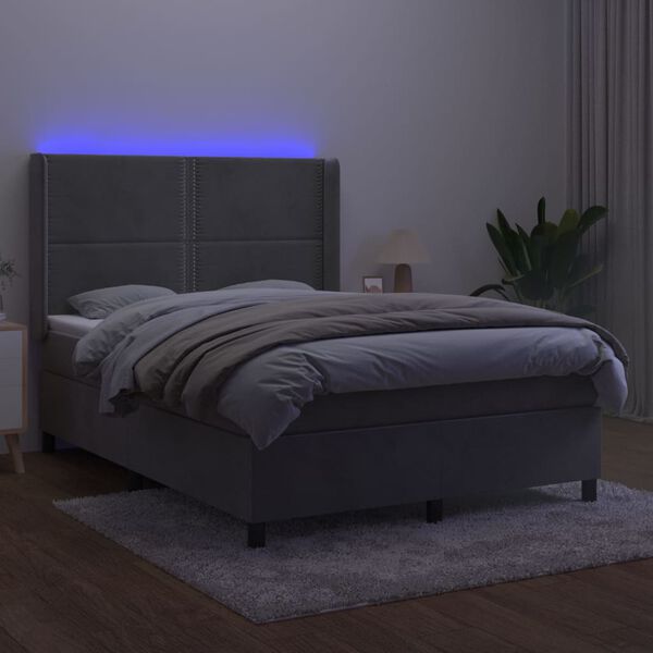 vidaXL Letto a Molle Materasso e LED Grigio Chiaro 140x190 cm Velluto