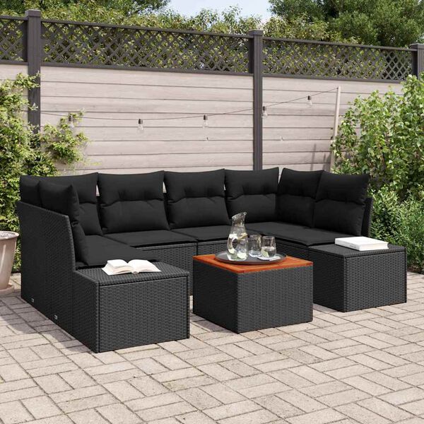 vidaXL Set Divano da Giardino con cuscino 7 pcs Nero Poly Rattan