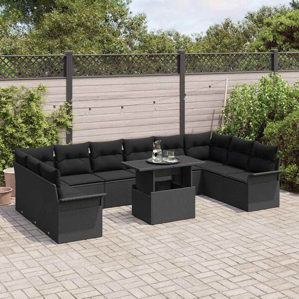 vidaXL Set Divano da Giardino con cuscino 11 pcs Nero Poly Rattan
