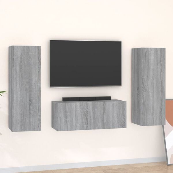 vidaXL Set Mobili Porta TV 3 pz Grigio Sonoma in Legno Multistrato