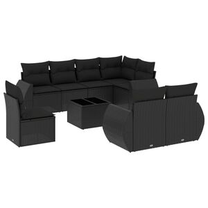 vidaXL Set Divani da Giardino 9 pz con Cuscini Nero in Polyrattan