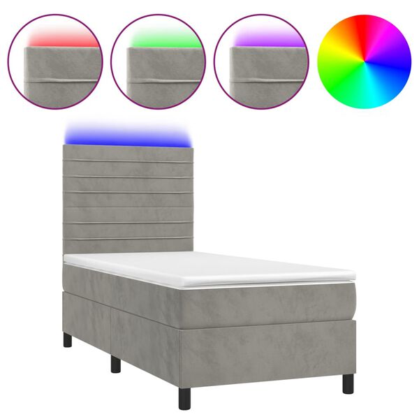 vidaXL Letto a Molle Materasso e LED Grigio Chiaro 80x200 cm Velluto