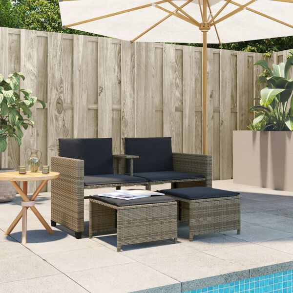 vidaXL Divano Giardino 2 Posti con Tavolo e Sgabelli Grigio Polyrattan