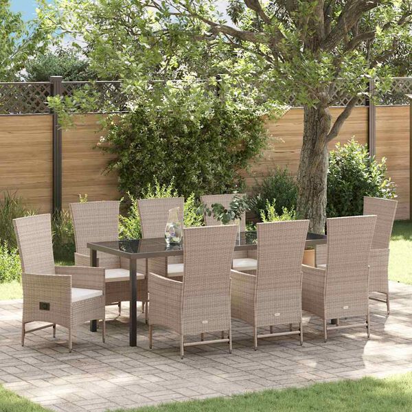 vidaXL Set da Pranzo per Giardino con cuscino 9 pcs Beige polyrattan