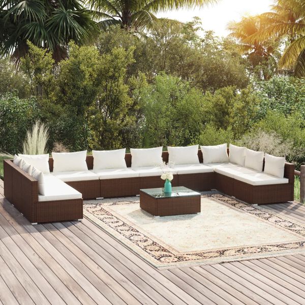 vidaXL Set Divani da Giardino 11 pz con Cuscini in Polyrattan Marrone