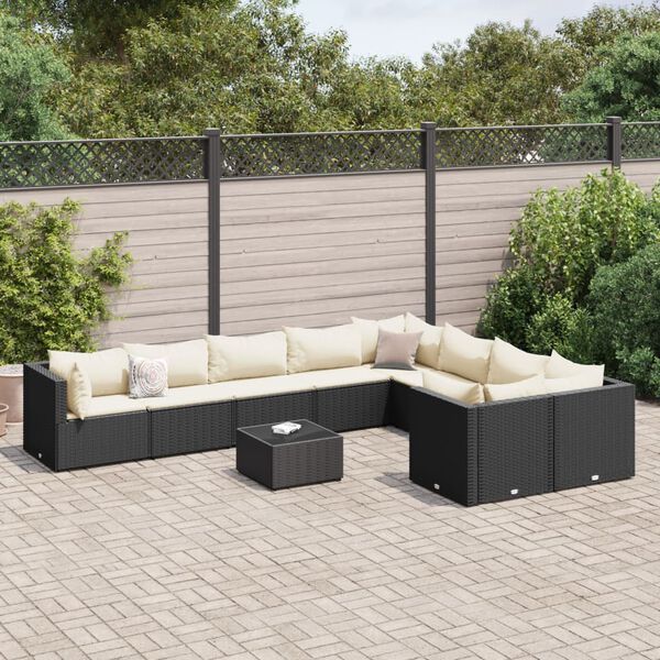 vidaXL Set Divani da Giardino 10pz con Cuscini in Polyrattan Nero