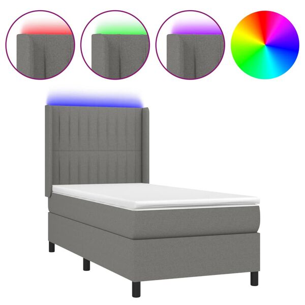 vidaXL Letto a Molle Materasso e LED Grigio Scuro 100x200cm in Tessuto