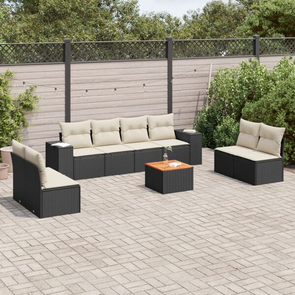 vidaXL Set Divani da Giardino 9 pz con Cuscini Nero in Polyrattan