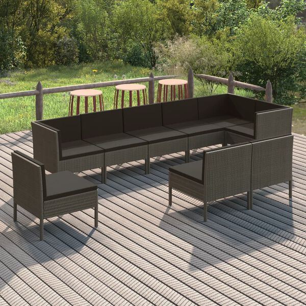 vidaXL Set Divani da Giardino 9 pz con Cuscini in Polyrattan Grigio