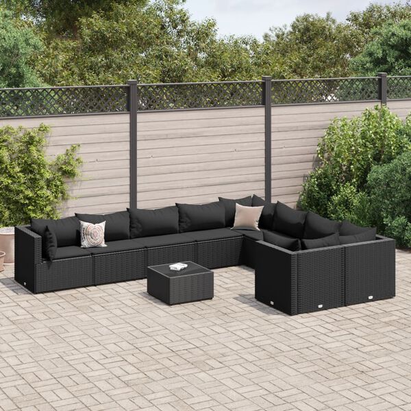 vidaXL Set Divani da Giardino 10pz con Cuscini in Polyrattan Nero
