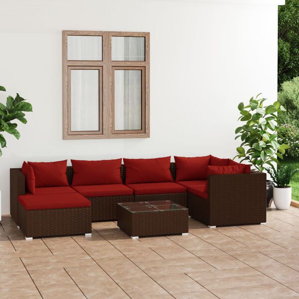 vidaXL Set Divani da Giardino 7 pz con Cuscini in Polyrattan Marrone