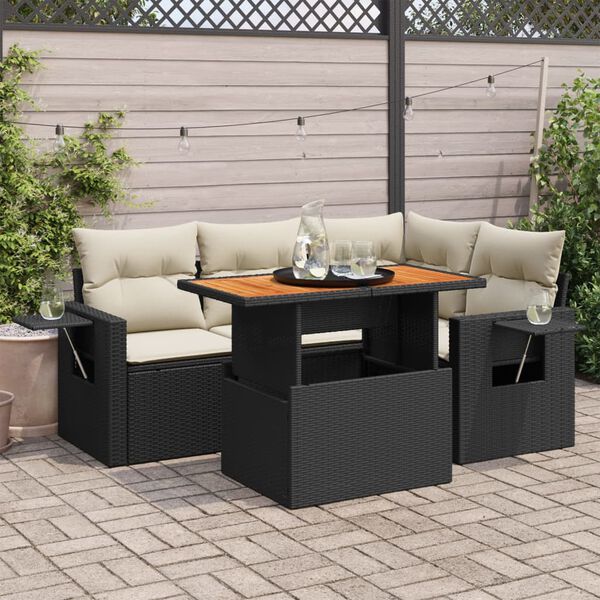 vidaXL Set Divani da Giardino 5 pz con Cuscini in Polyrattan Nero