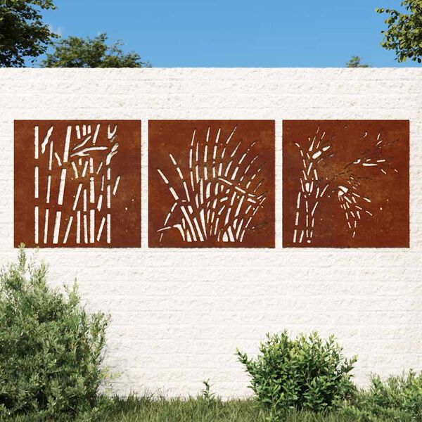 vidaXL Decorazioni Muro Giardino 3 pz 55x55 cm Erba in Acciaio Corten
