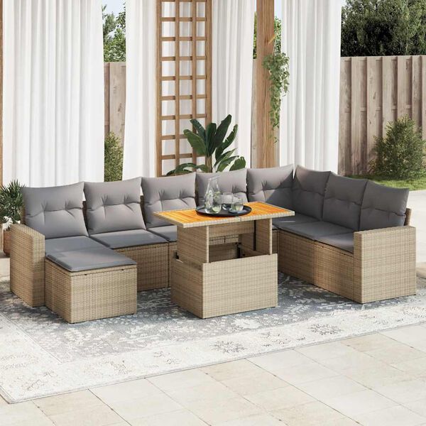 vidaXL Set Divano da Giardino 9 pz con Cuscini Beige in Polyrattan